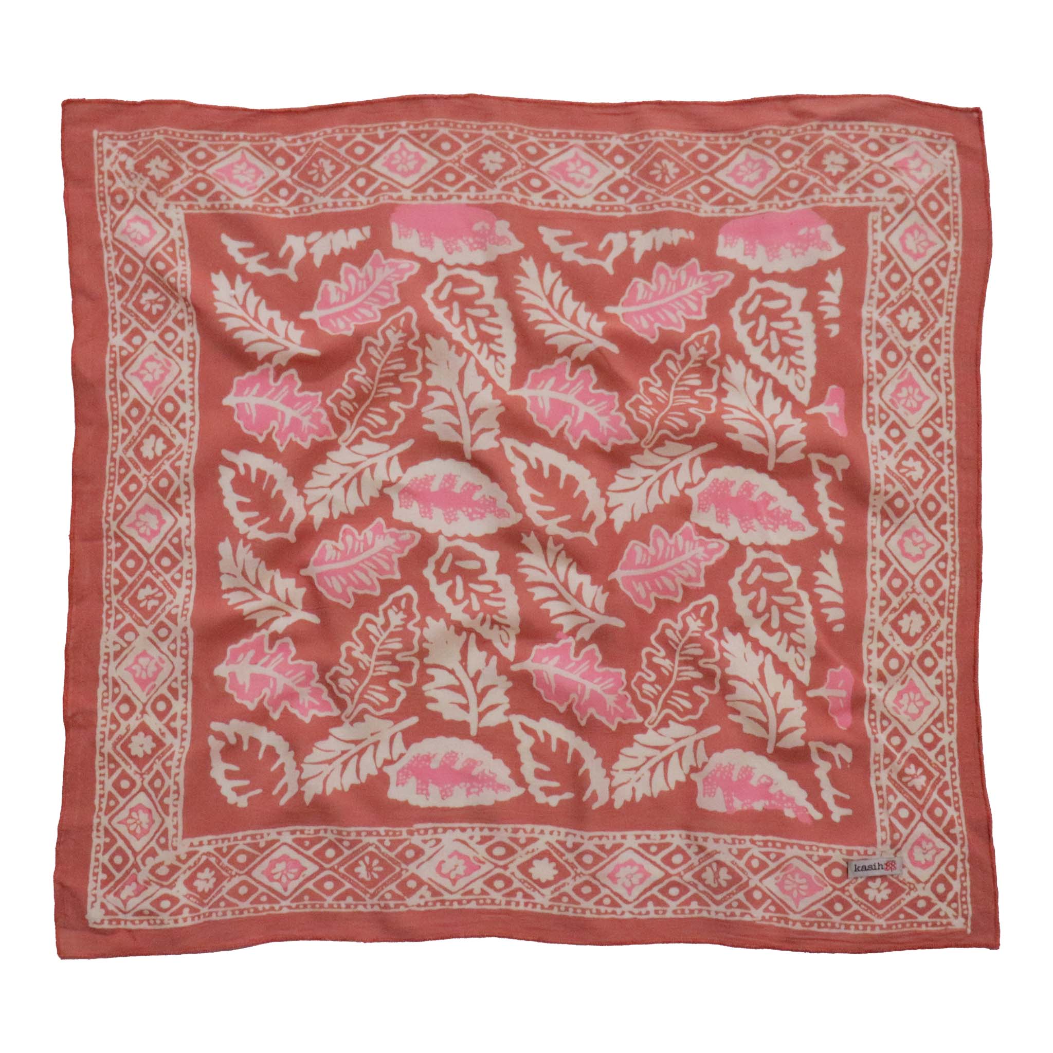 Kasih Co-op – wholesale Bandana – Women's – Hand Dyed Batik Bandana, Peach Pink Coral Leaves3