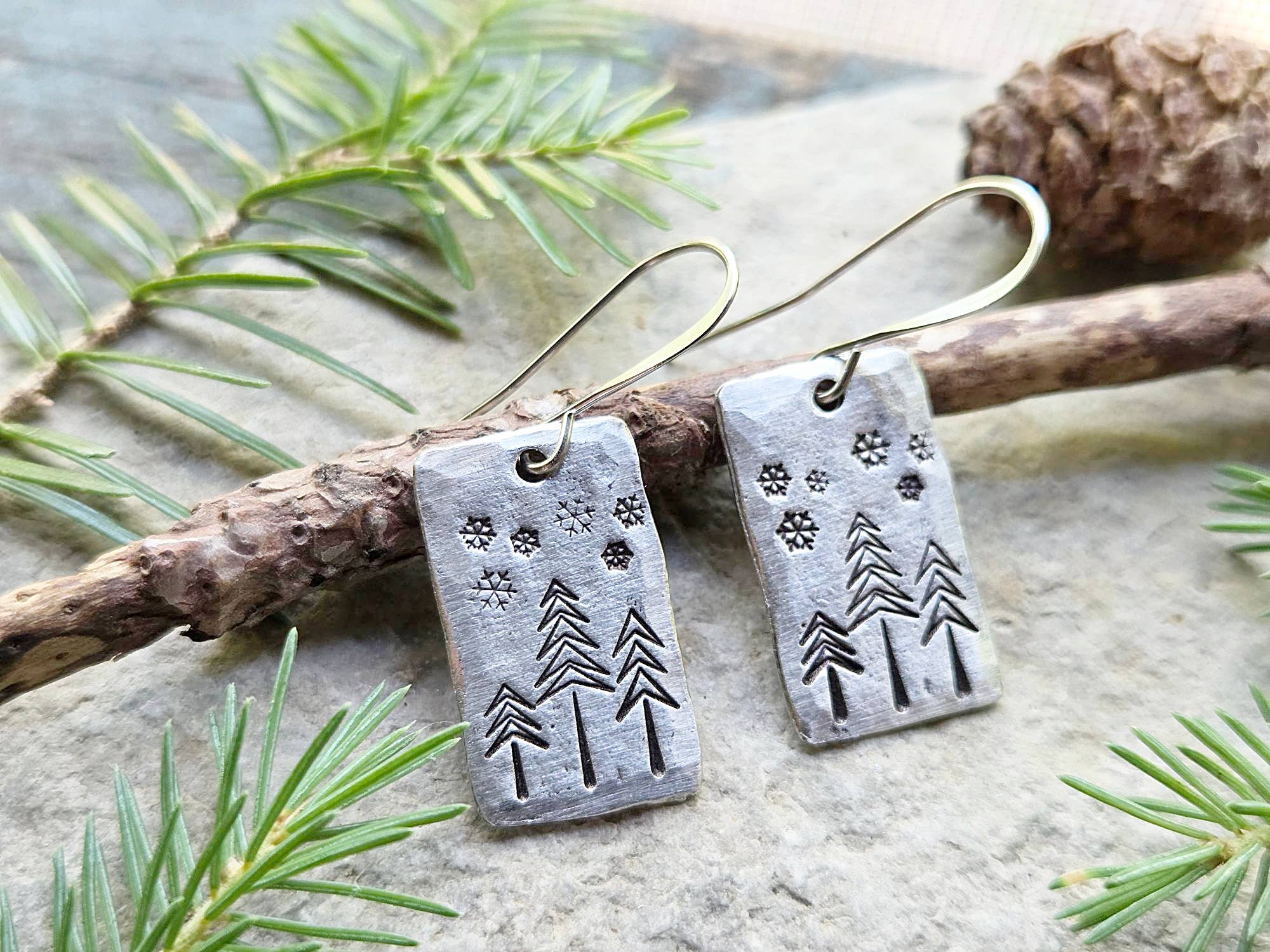 Kathryn's Collection - Wholesale Dangle Earrings - Winter Pine Tree Earrings, Christmas, Hand-Stamped Pewter6
