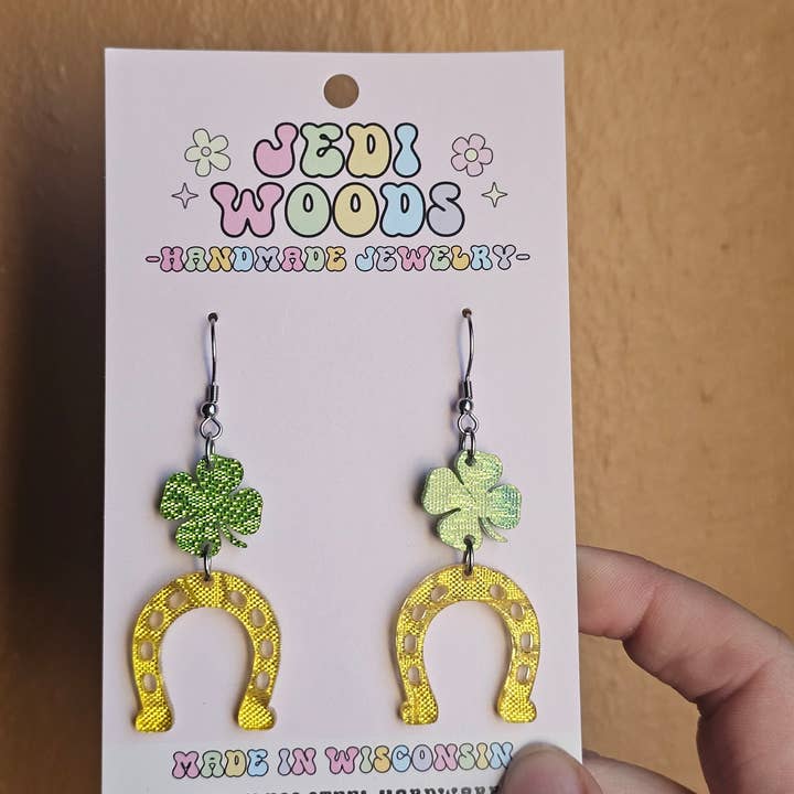Golden Horse Shoe And Green Clover Lucky Earrings for wholesale by Jedi Woods LLC