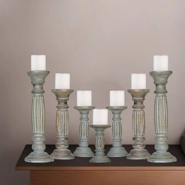 BBH Homes LLC - Wholesale Candle Holder - Antique White Mango Wood Set Of Seven Pillar Candle Holder6