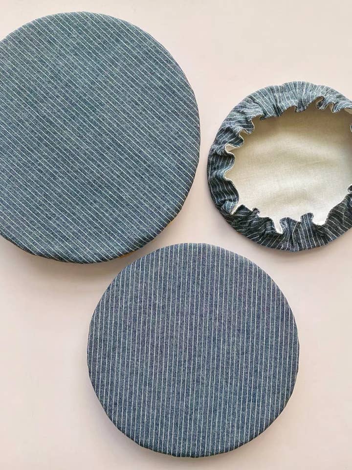 Magnolia Farmhouse Denim Blue Stripes Bowl Cover Set for wholesale by Peace Out Plastic
