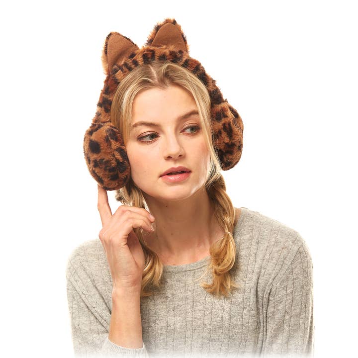 Fashion City - Wholesale Earwarmers/Ear Muffs - Women's - Leopard Printed Faux Fur Earmuffs with Cat Ears
