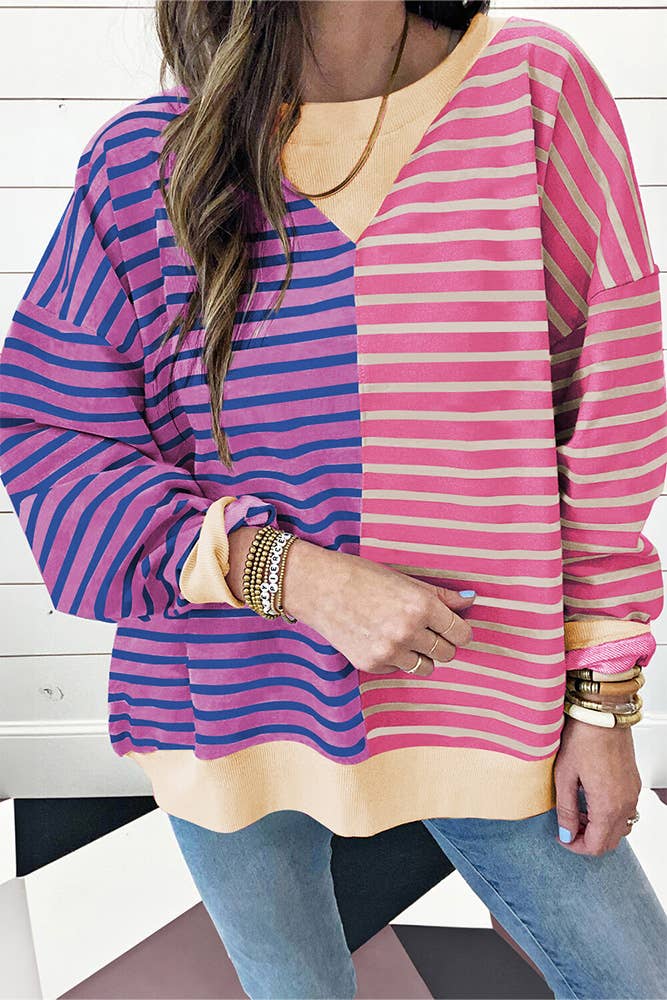 UNISHE - Wholesale Sweatshirt - Women's - Long Sleeves Colorblock Stripes Sweatshirt ASJP1093