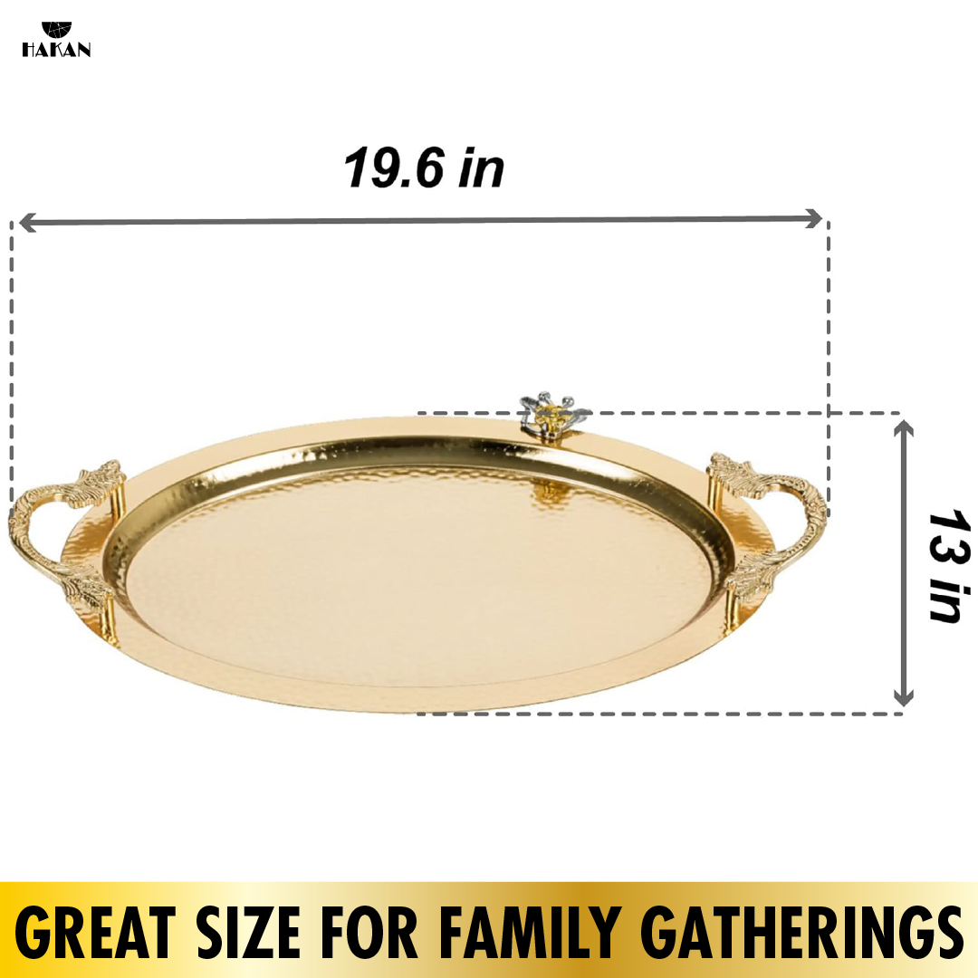 Hakan - Wholesale Serving Tray - Ornamental Anti Tarnish Big Oval Gold Serving Tray with Hand2