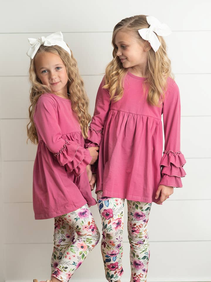 Kids Plum Floral 3 Ruffles Shirt & Leggings Fall Set for wholesale by Adorable Sweetness