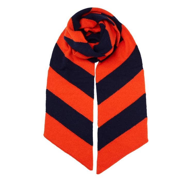Langer, schmaler Schal aus Kaschmir mit Diagonalstreifen — Orange/Marineblau für den Großhandel von Somerville Scarves