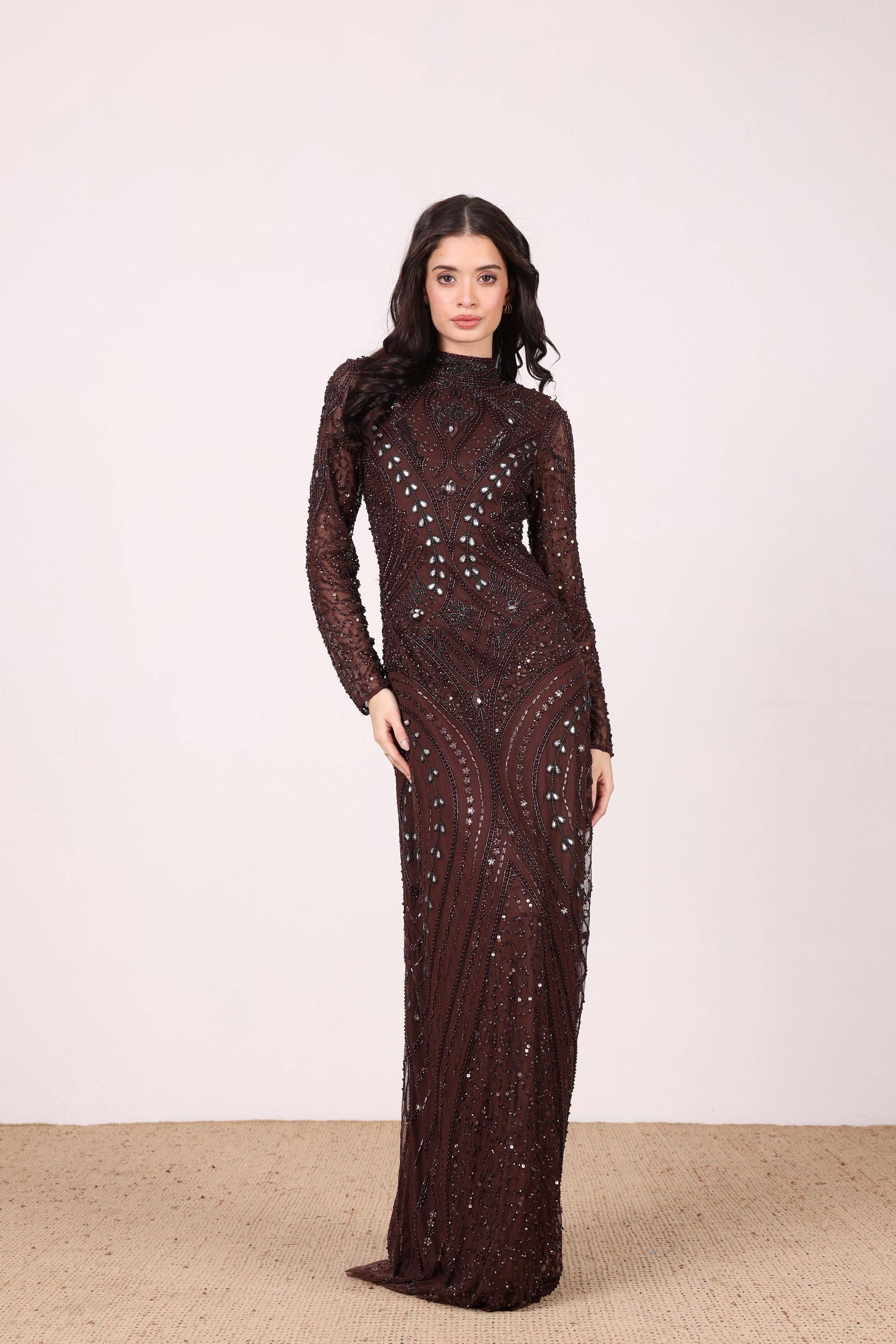 Lotus Embellished Maxi Dress in Chocolate Brown for wholesale on Faire4