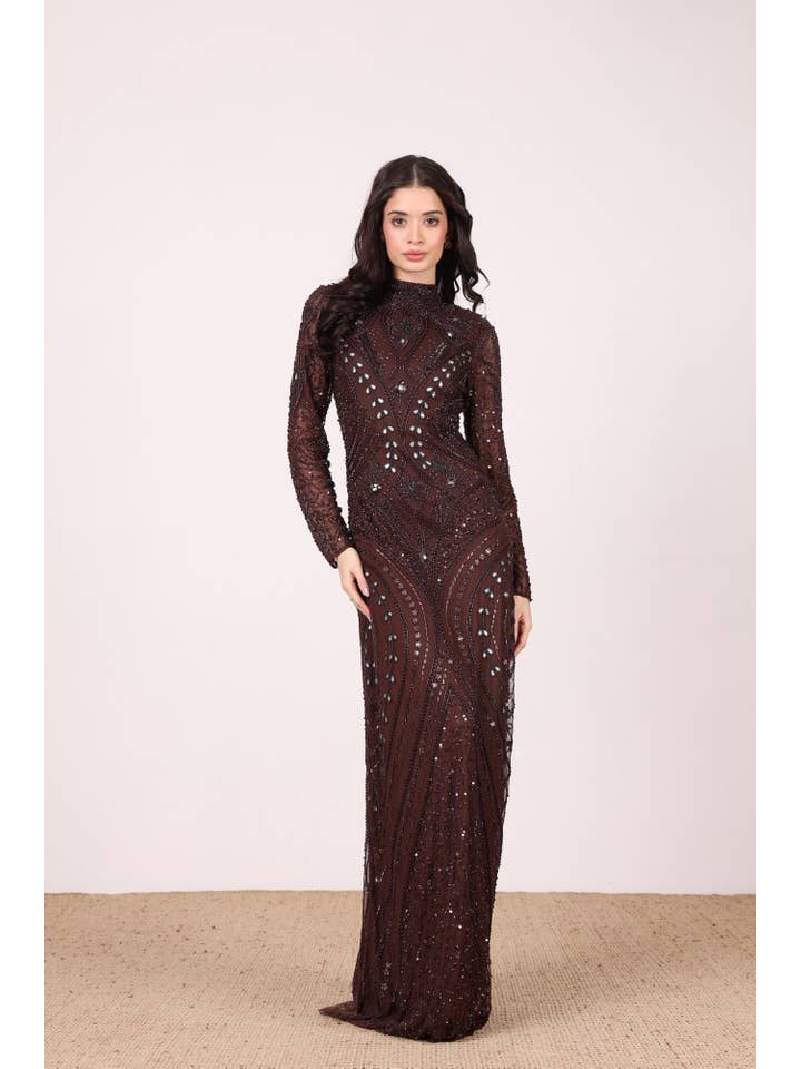Lotus Embellished Maxi Dress in Chocolate Brown for wholesale on Faire4