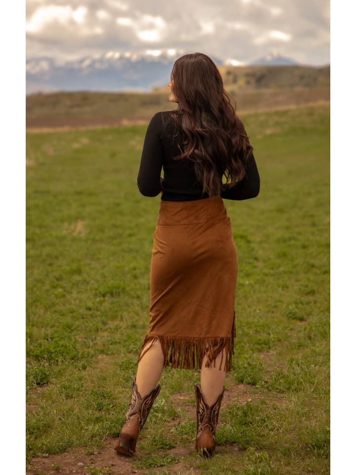 Brown Poly Faux Suede Skirts with Frings-D201 for wholesale on Faire1