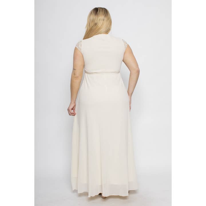 Curve Market - Wholesale Dress - Women's - PLUS SIZE EMBELLISHED LACE CONTRAST CHIFFON MAXI DRESS