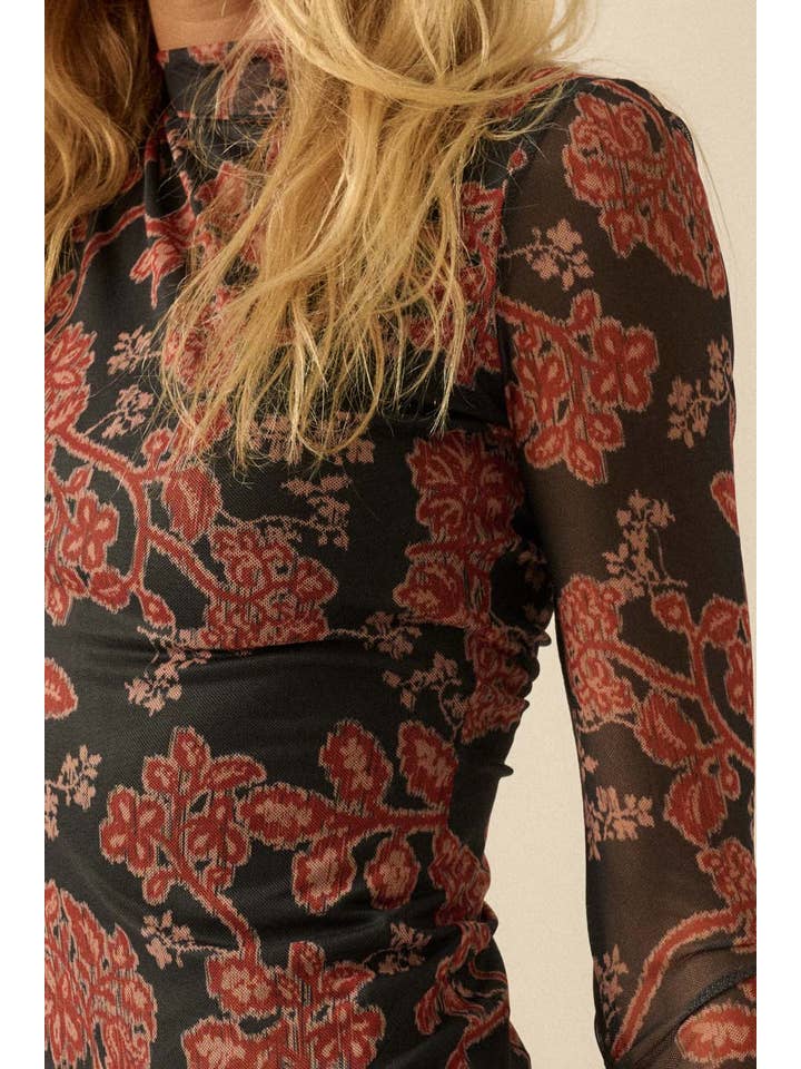 Charcoal Floral Mesh Mock-Neck Thumbhole Maxi Dress for wholesale on Faire1