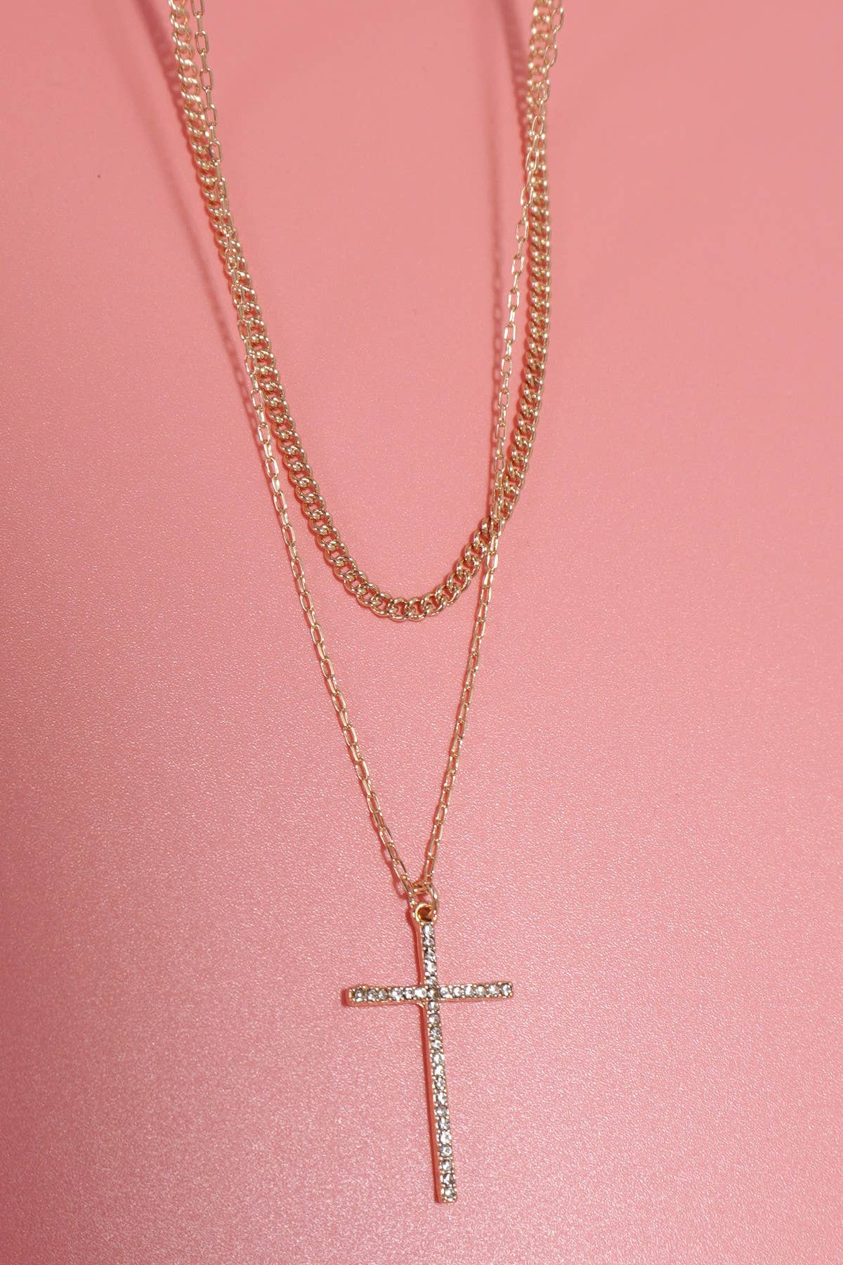 Gold DOUBLE LAYER RHINESTONE CROSS CHARM NECKLACE | 80N1041 for wholesale on Faire1