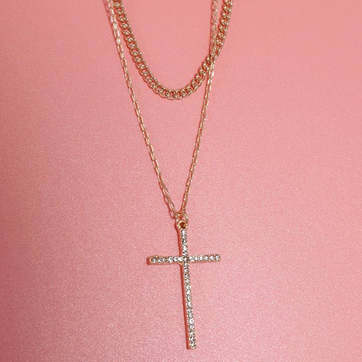 Gold DOUBLE LAYER RHINESTONE CROSS CHARM NECKLACE | 80N1041 for wholesale on Faire1