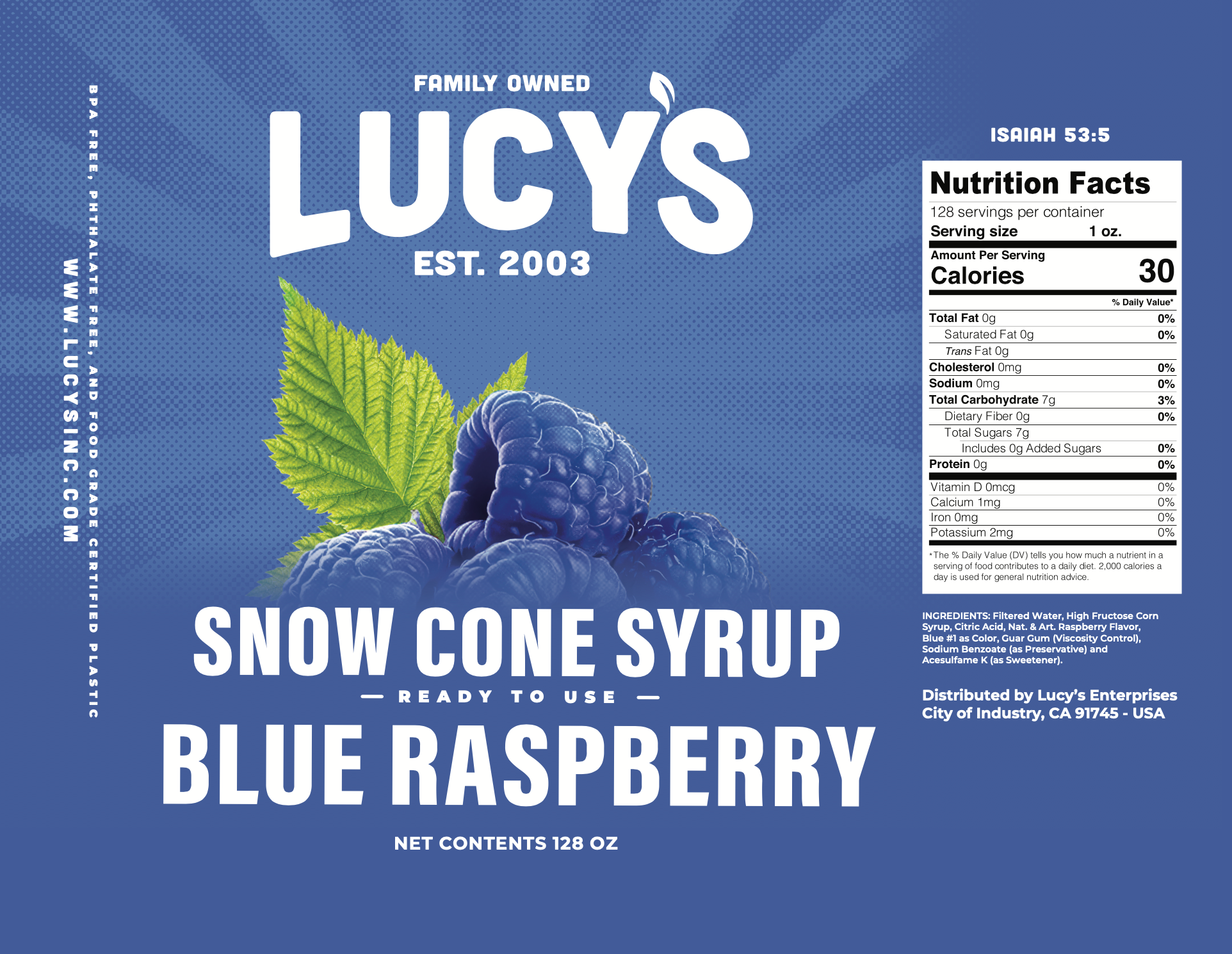 Lucy's - Wholesale Flavored Syrup - Blue Raspberry Snow Cone Syrup - 128oz3