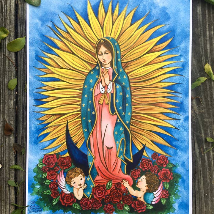 Our Lady of Guadalupe- Whimsical Catholic Art Print for wholesale by Carla Quigley Art