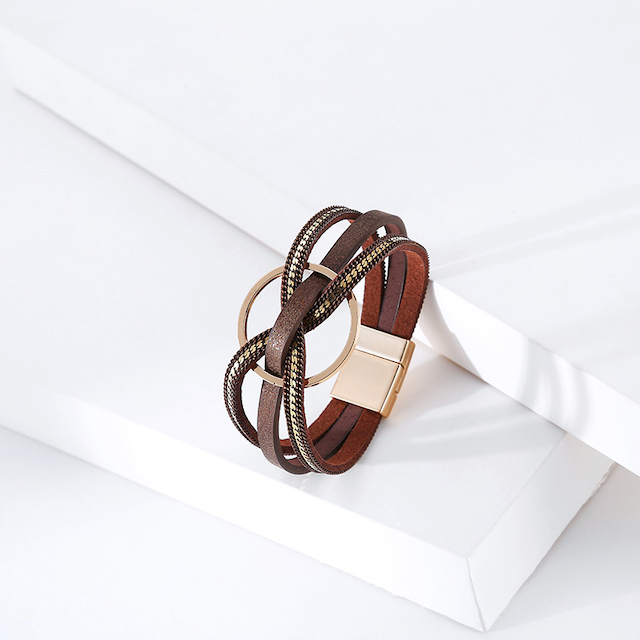 Pretty Persuasions - Wholesale Bangle Bracelet - B22096 Interlocked Ring PU Leather Wrap Bracelet2