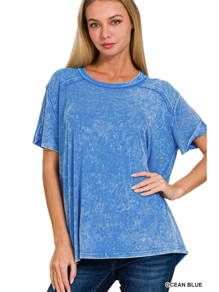 42POPS - Wholesale Knit Top - Women's - `.Washed Ribbed Short Sleeve Boat Neck Top9