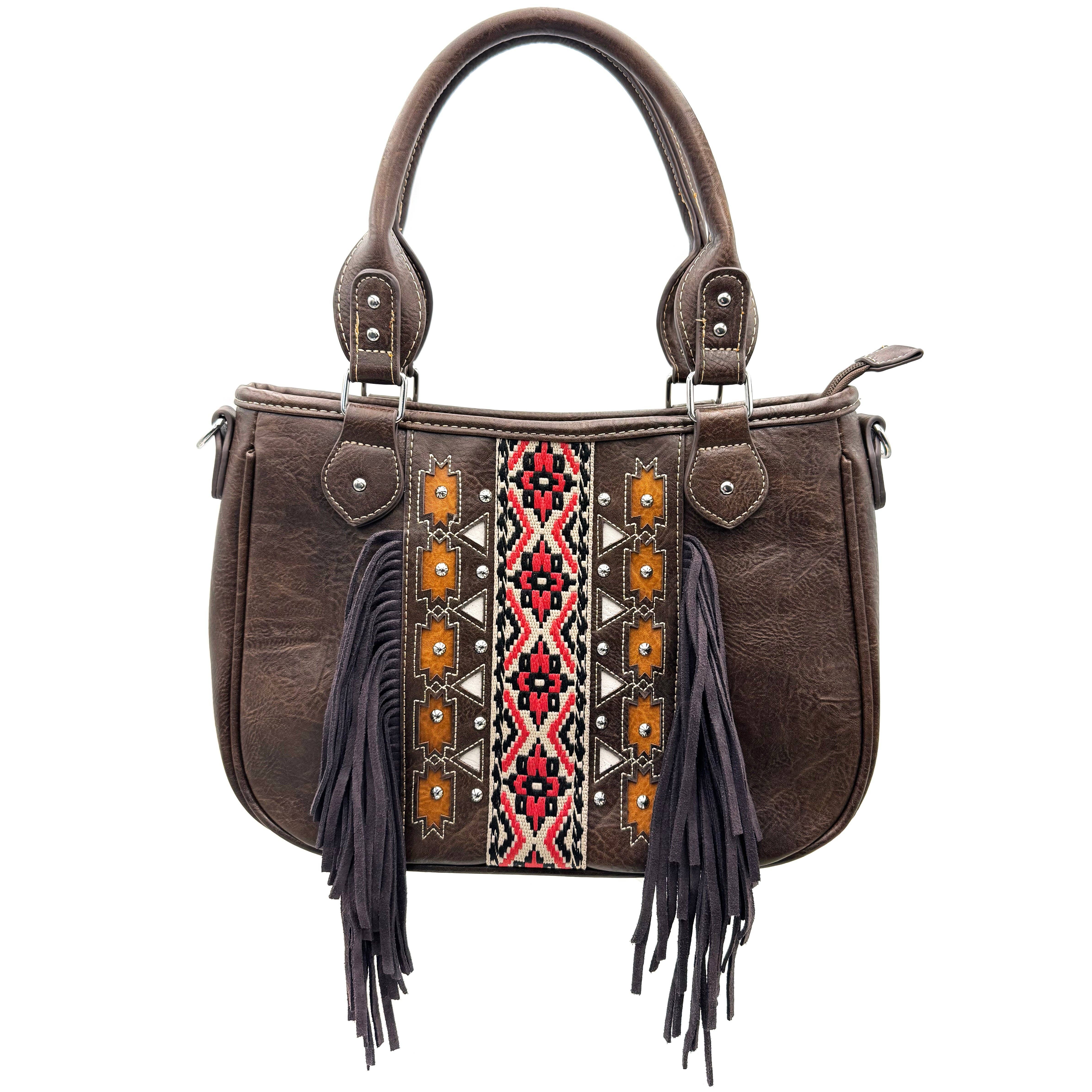 Lunar Deer – Engroshandel Skuldertaske – til kvinder – Aztekisk stammeprint frynse vestlig håndtaske pung8