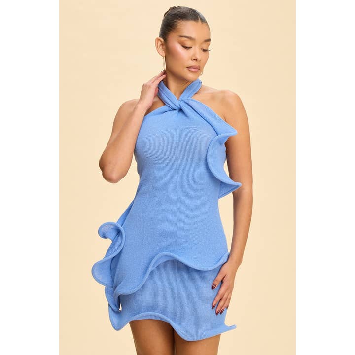 Luxxel – Großhandel Kleid – Damen – STRICK-RÜSCHEN-NECKHOLDER-MINIKLEID6