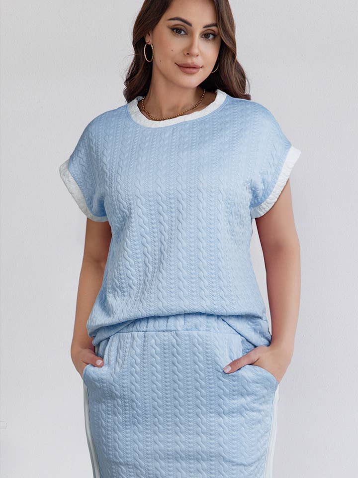 Contrast Trim Textured Crewneck Tee and Pocketed Skirt Set for wholesale by LA Society