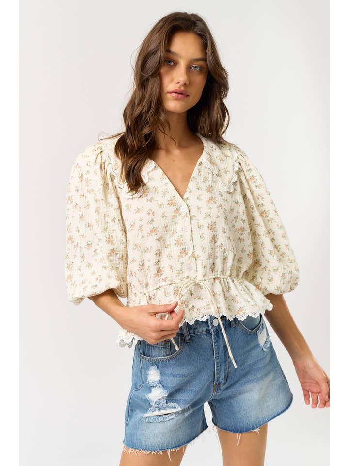 CREAM ILT2370-2 3/4 Puff Sleeve Lace Trim Floral Blouse for wholesale on Faire