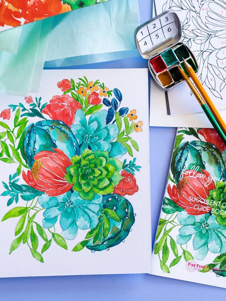 Succulent Garden Akvarellfärg efter nummer DIY-kit för wholesale av Pink Puddle Studio