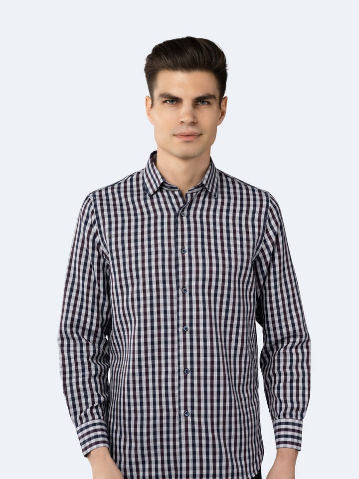 Marineblau, Burgunderrot und Weiß kariertes Jacquard-gewebtes Hemd für den Großhandel von Luchiano Visconti