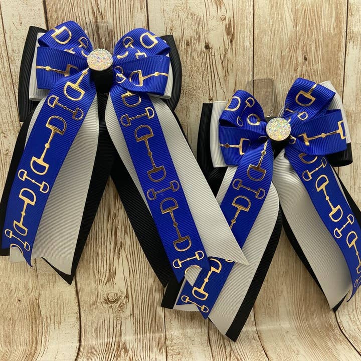 Horse Show Bows - Royal Blue Bits on Silver and Black for wholesale by Benny Bows