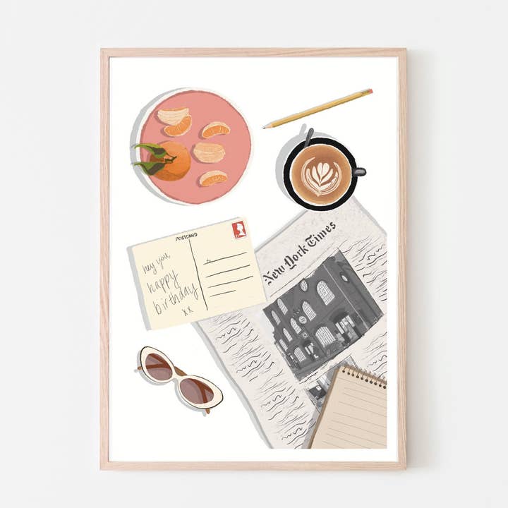 Imprimé d'art britannique conçu par Cambridge England « Coffee Flat-Lay 2 » pour la vente par Cambridge Purple