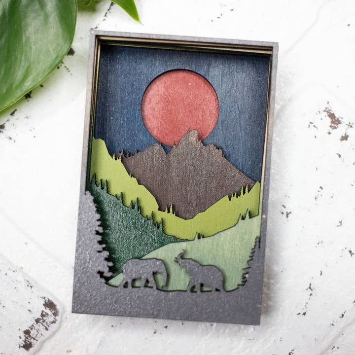 Elephants in Nature 3D Diorama, Handmade Mountain Scene, Wall Art, Elephant Animal Decor for wholesale by The McGarvey Workshop