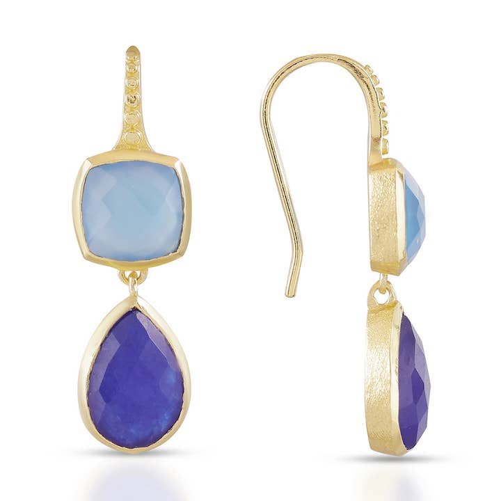 Charis Double Gemstone Earrings Blue Chalcedony & Blue Jade with Gift Box for wholesale by AZUNI London