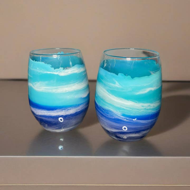 Whimsy and Willow – wholesale Wine glass – Blue Waves Wine Glasses and Drinkware-Handmade