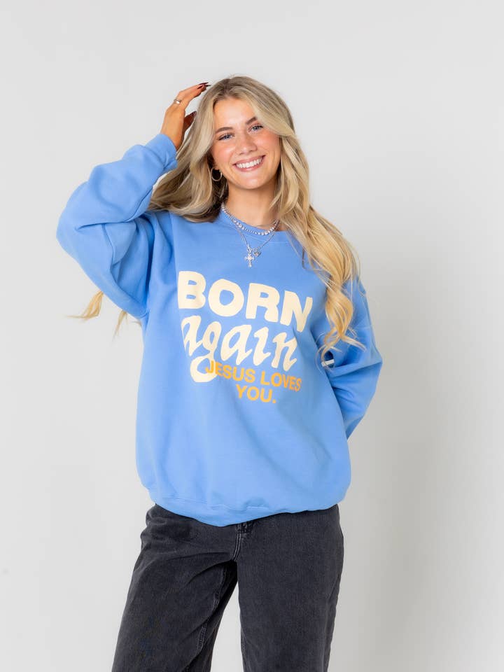 "Born Again" Dove Crewneck || University Blue for wholesale by Jesus Loves You Company
