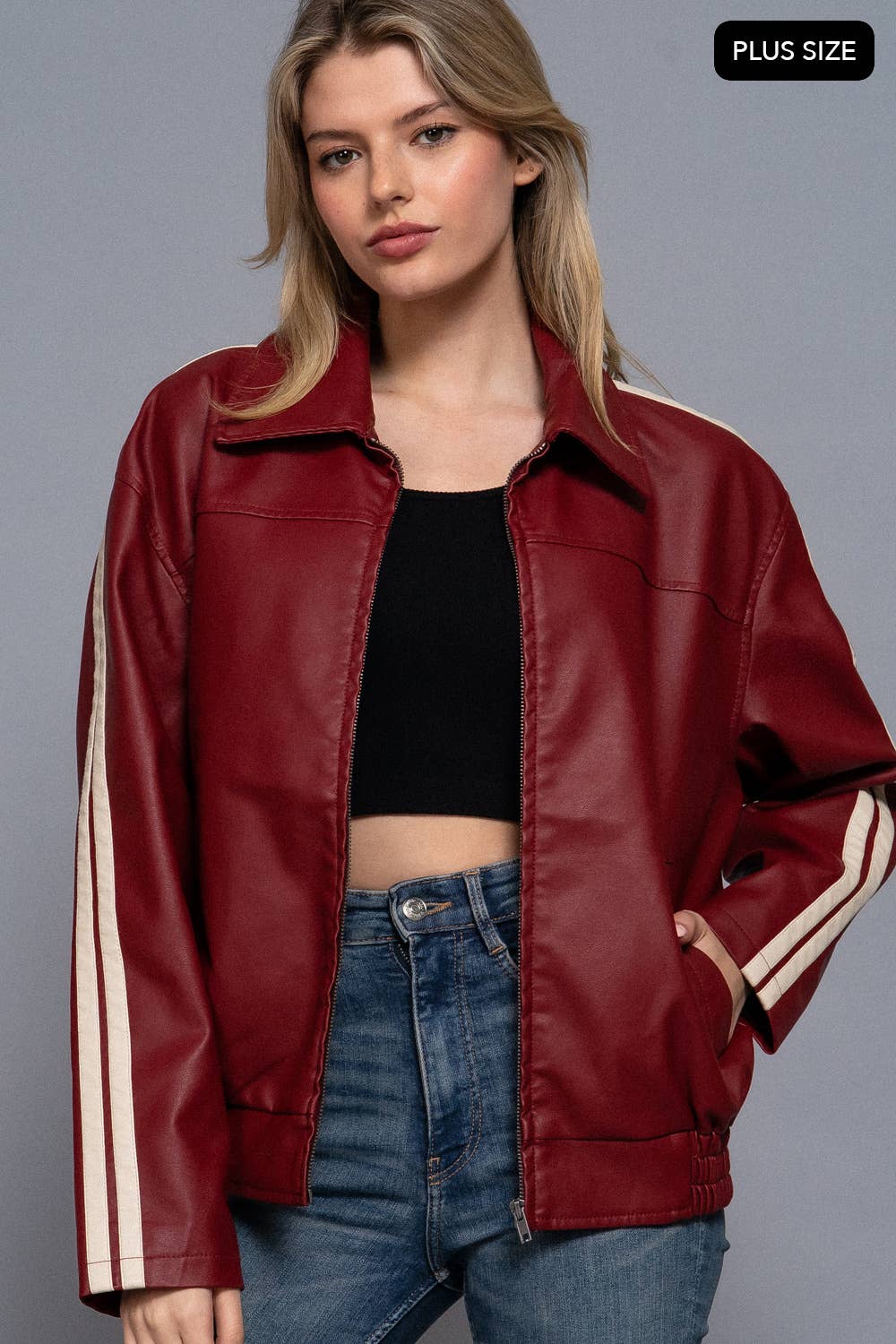 Active Basic | Active USA - Wholesale Leather Jacket - Women's - [PLUS SIZE] Long Sleeve Line Detail Faux Leather Jacket7