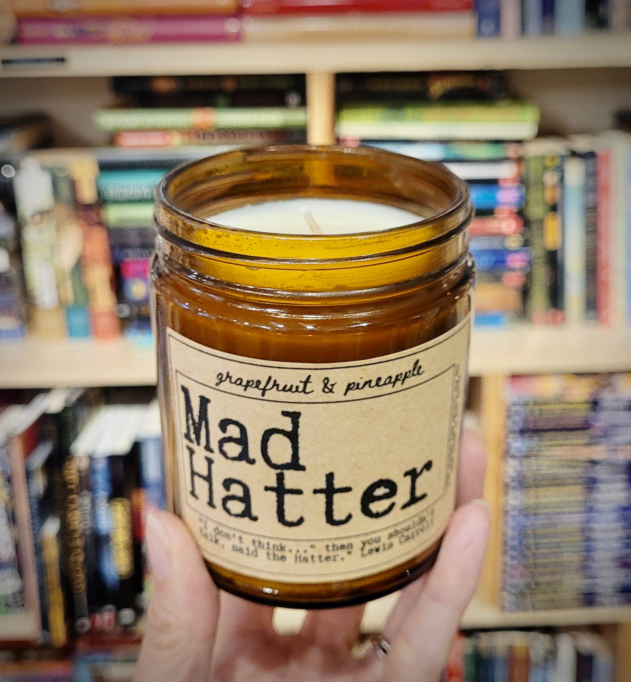 NovelTea Bookstore & Gifts - Wholesale Jar/Filled Candle - Mad Hatter  - Grapefruit and Pineapple Scented Candle2