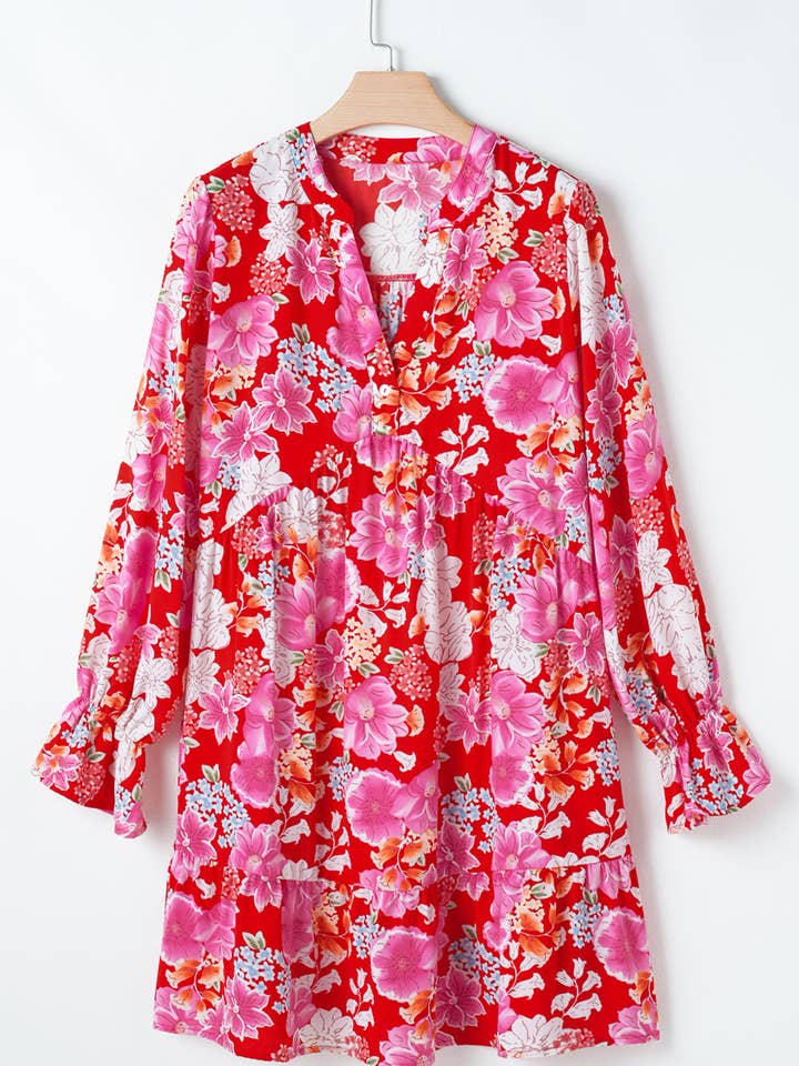 Red Floral Print High Waist V Neck Babydoll Mini Dress for wholesale on Faire