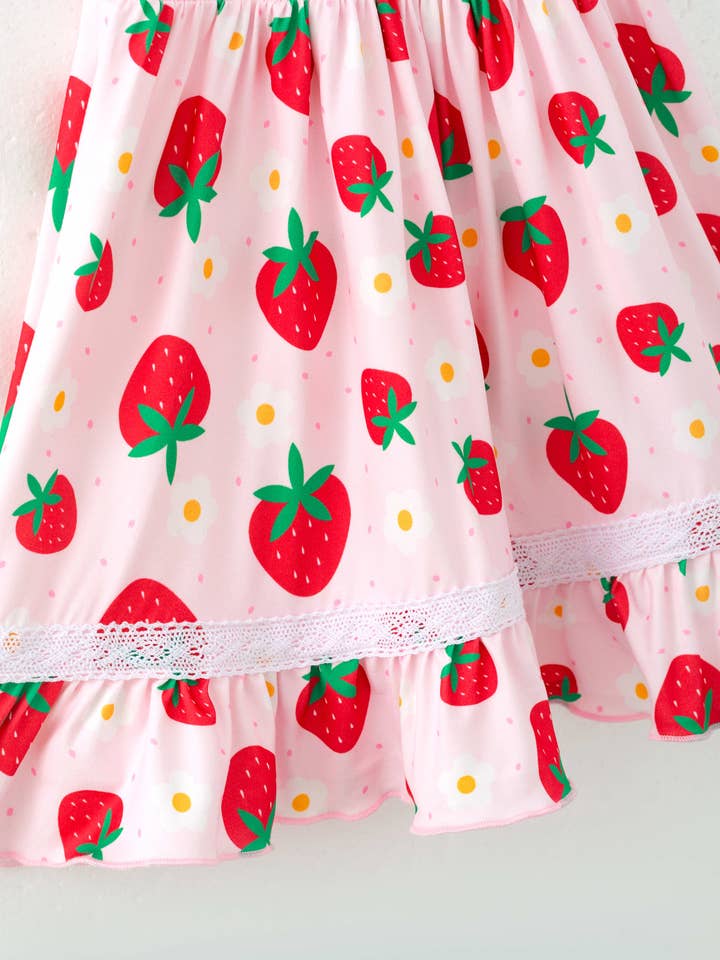 littleoneusa - Wholesale Dress - Kids - Pink Strawberry Flower Girl Ruffle Smocked Dress