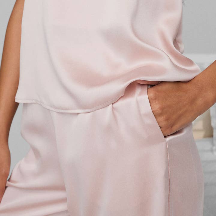 Delicate Pink Immersed Black Washable Silk Cami Pant Set for wholesale on Faire