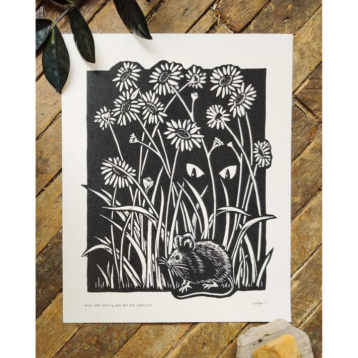 Hide and Seek Linoprint for wholesale by Big Mitten Linocuts