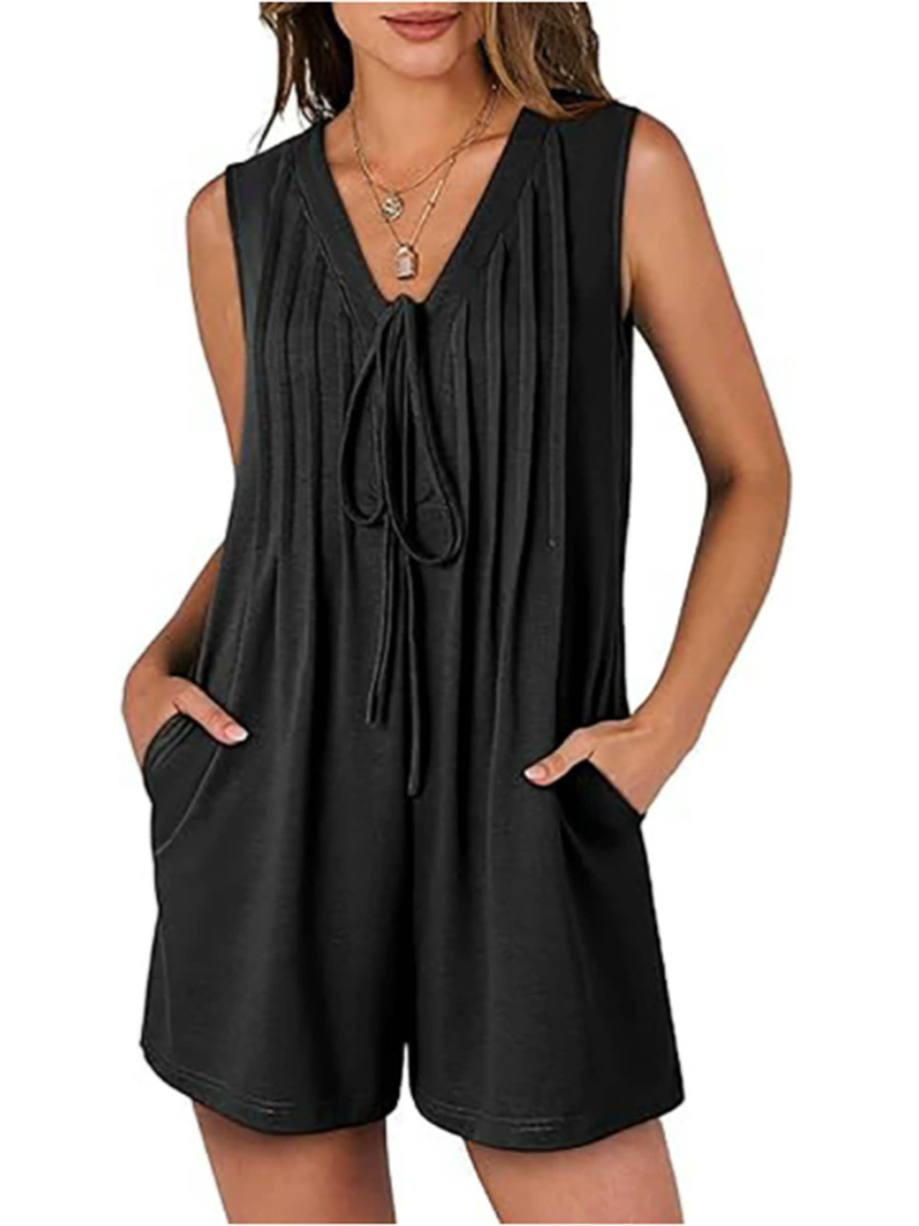 Wholesalesir - Wholesale Romper - Women's - Loose Sleeveless Pleated Front Lace Up Jumpsuit Pocket2