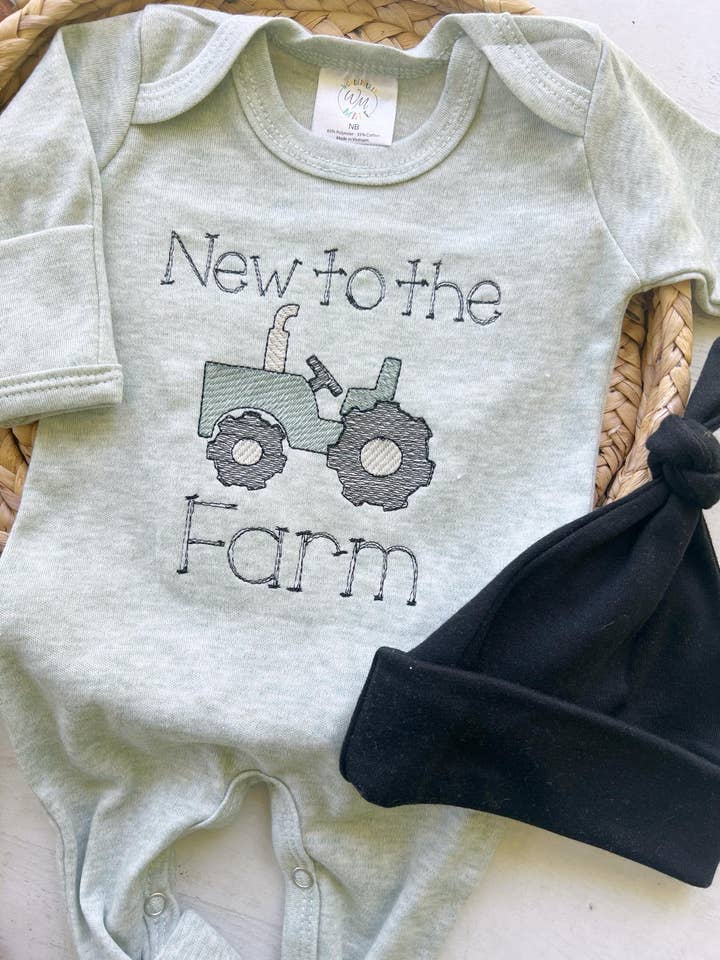 Baby Sage Romper | Baby Boy Outfit - Tractor New To The Farm for wholesale by Wonderfully Made