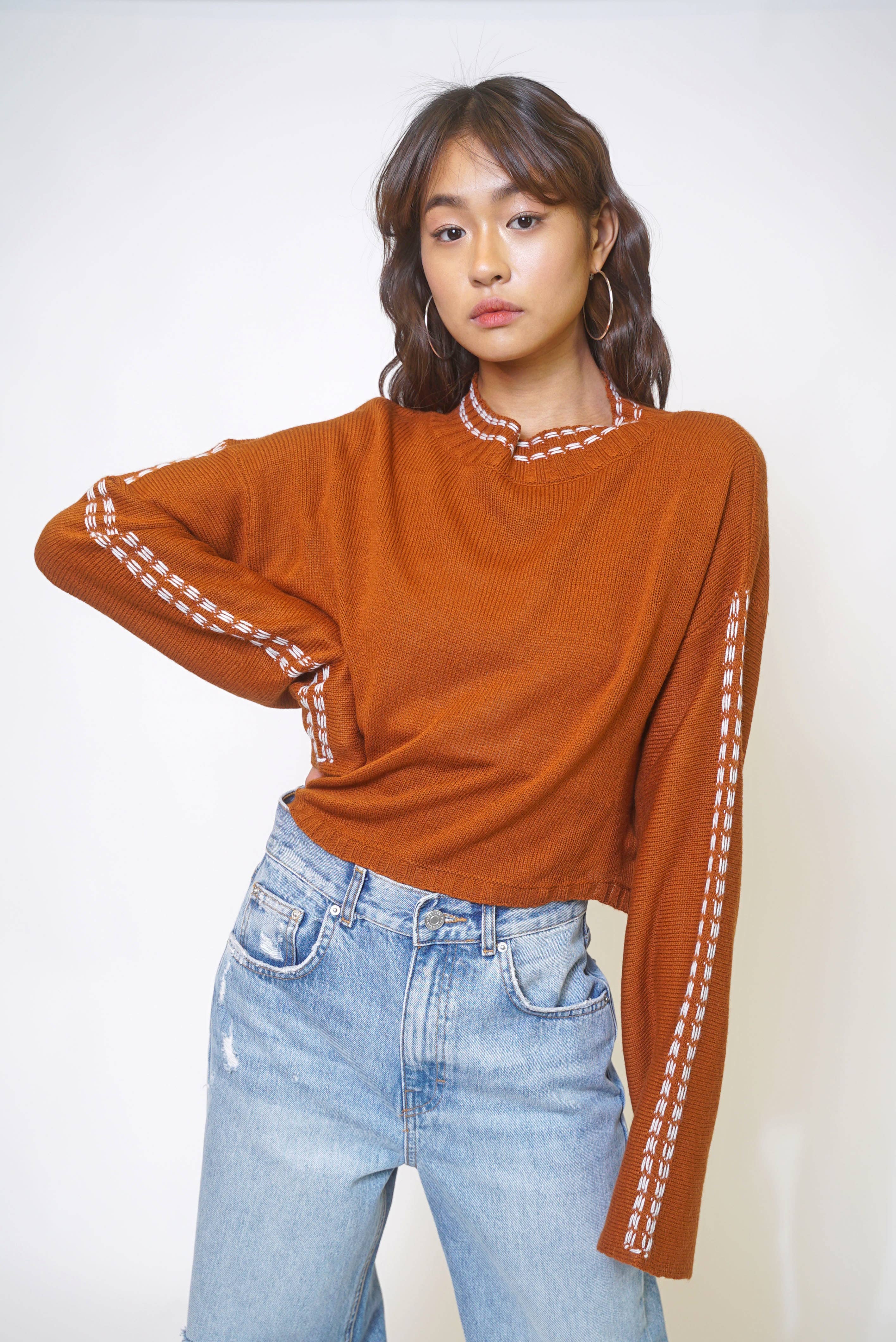 Sweet Rain - Wholesale Knit Sweater - Women's - Stitch Detailing Crew Neck Sweater6