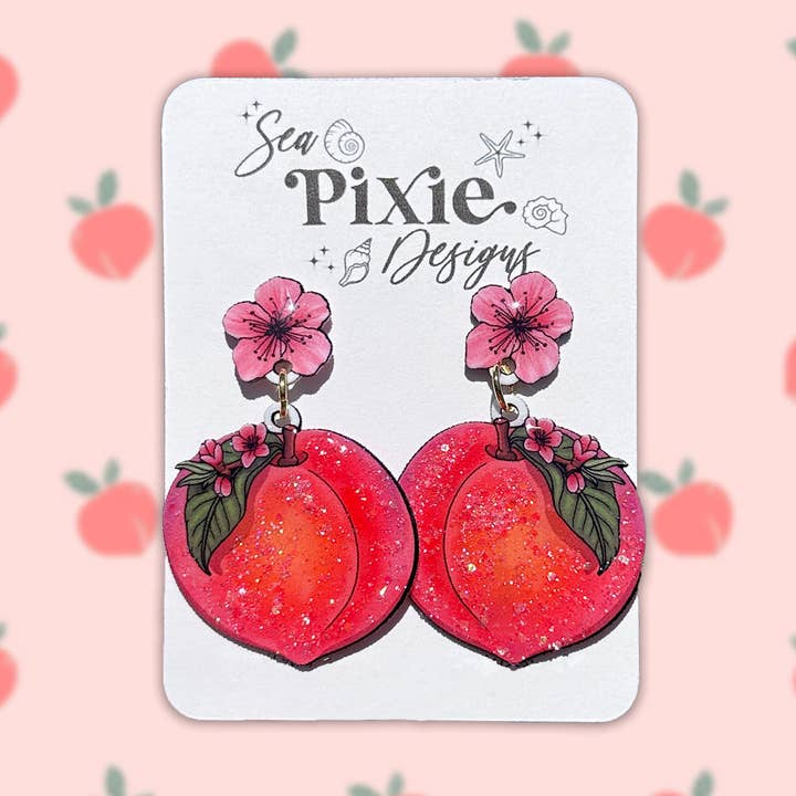 Orecchini pendenti con frutta pesca scintillante per la vendita all'ingrosso da parte di Sea Pixie Designs