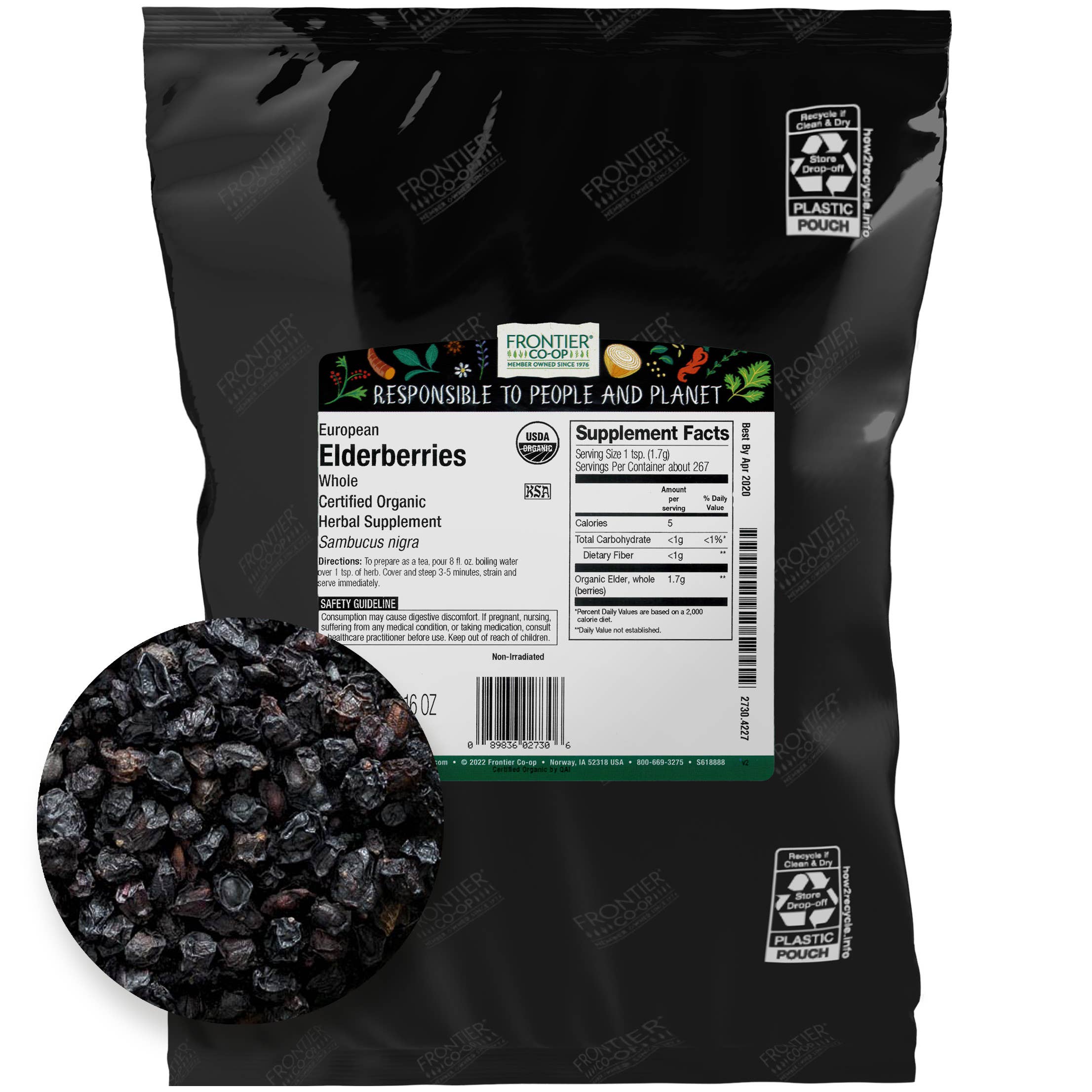 Frontier Co-op - Wholesale Dried/Dehydrated Fruit - Elderberries, Whole, Organic, Kosher, Non ETO, Bulk, 1lb1
