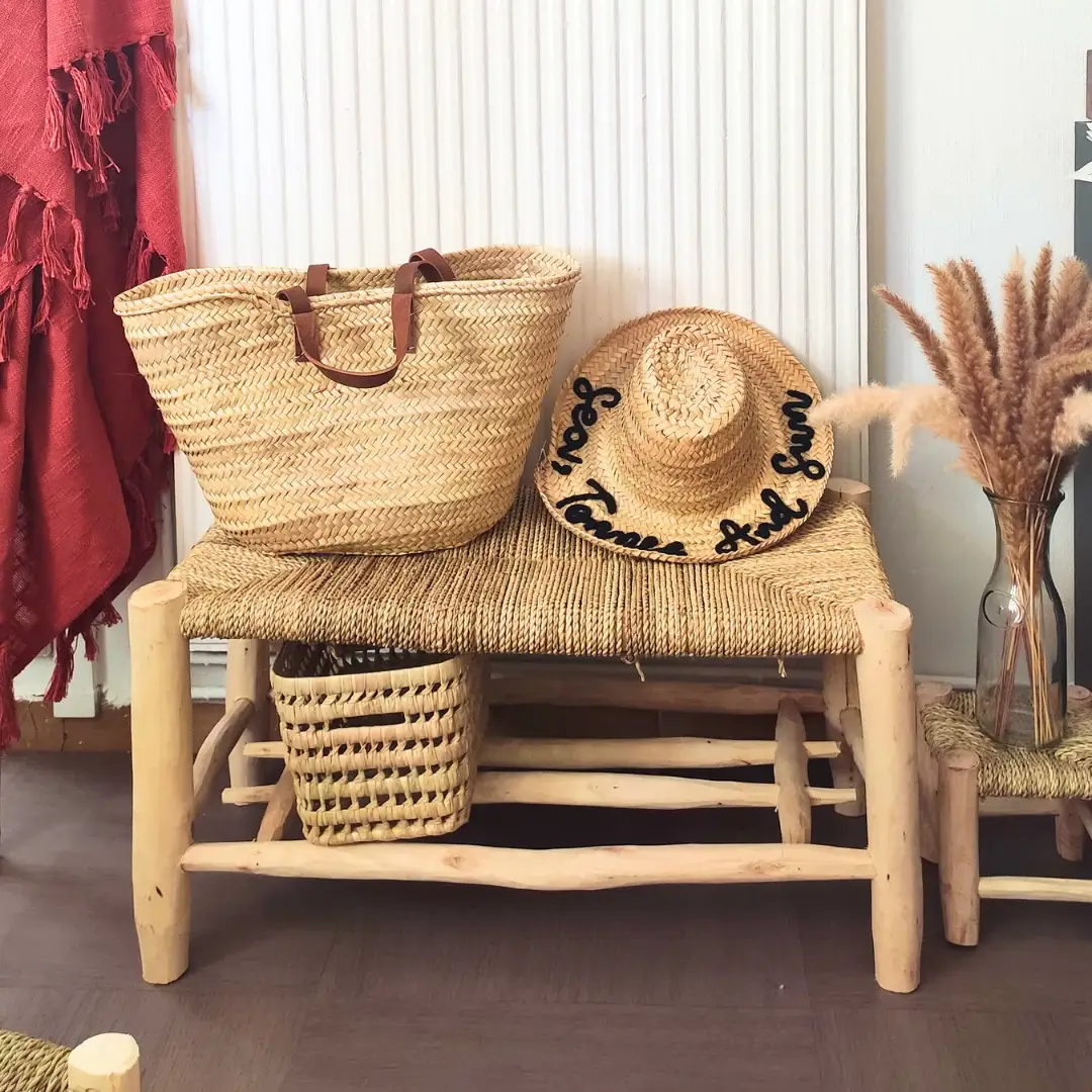 High crafty – Banco por atacado – Banco Marroquino Beldi de Madeira com Arrumação em Doum Tecido à Mão2