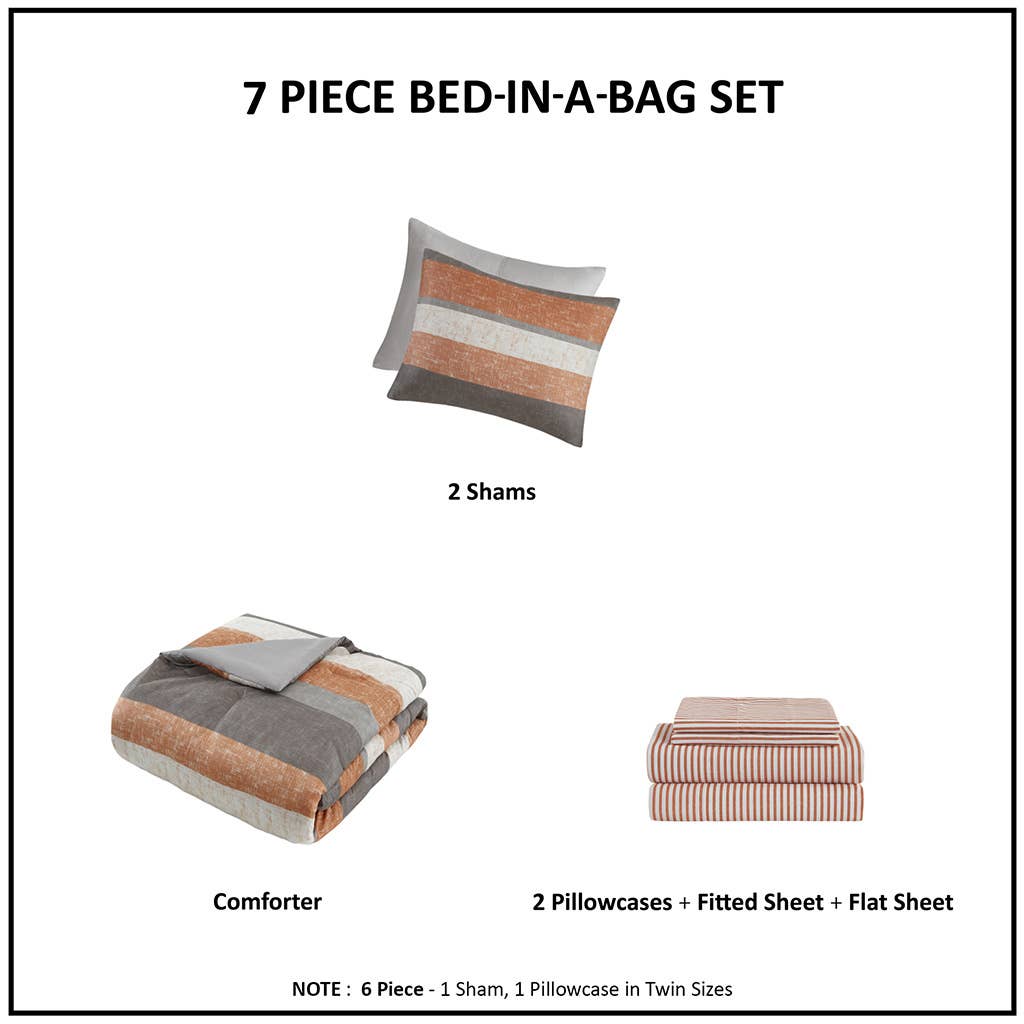 Olliix - Wholesale Bedding Set - Stripe Modern Comforter Set with Bed Sheets, Coral/Grey6