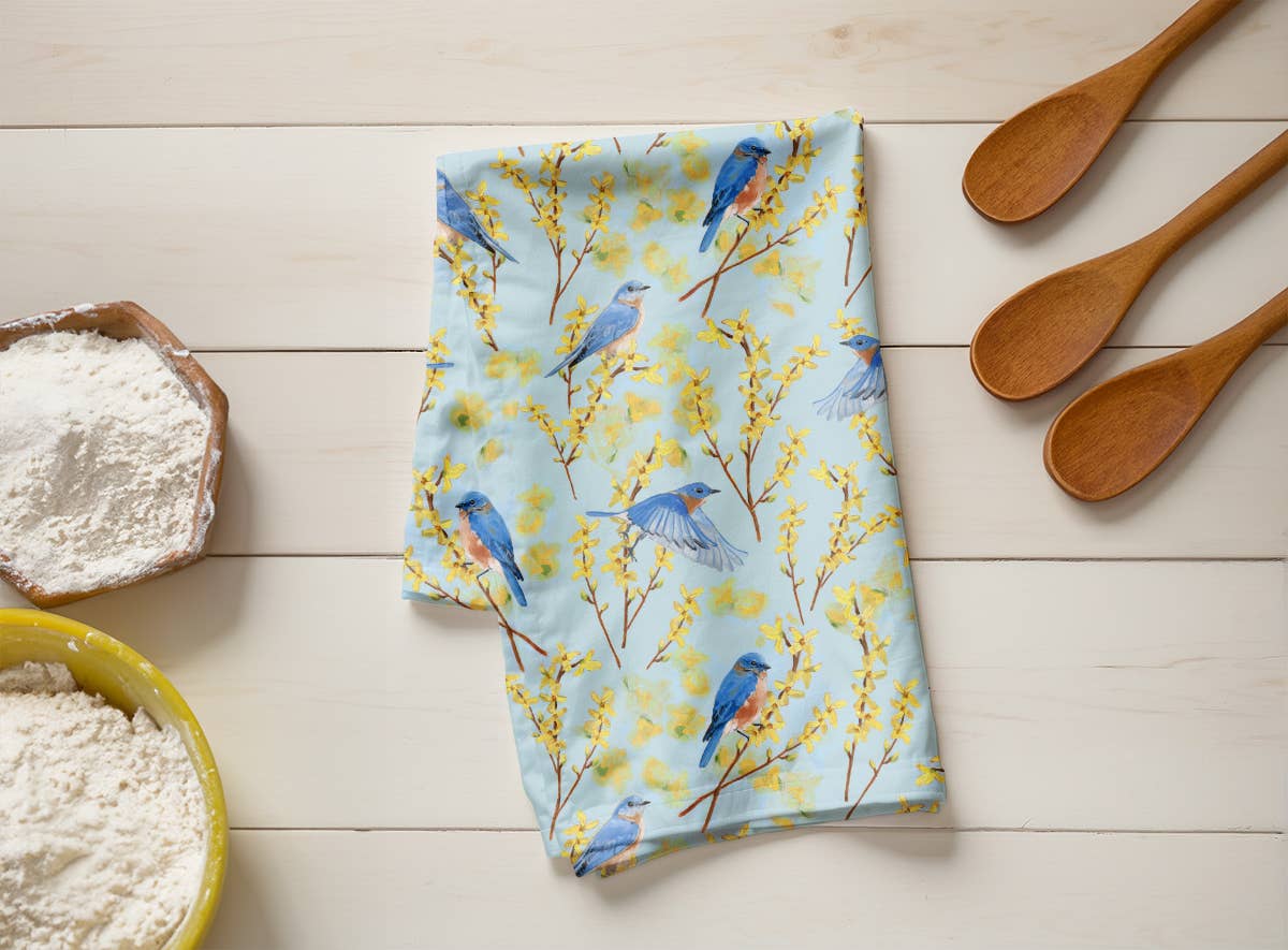 Kasey Melissa Art – Großhandel Geschirrtücher – Geschirrtuch aus Leinen, blaue Vögel und gelbe Forsythie4