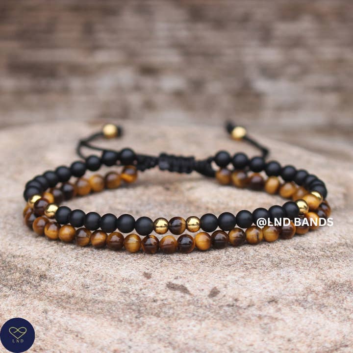 Tiger Eye Onyx double bracelet 4mm, Tibetan Adjustable Dainty, Yoga, Minimalist Bohemian, Gift for him for wholesale by LND Bands