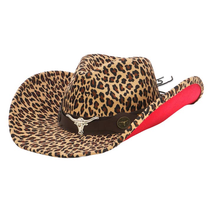 Cap Zone - Wholesale Cowboy Hat - Women's - Brown Longhorn Faux Leopard Felt Cowboy Hat4