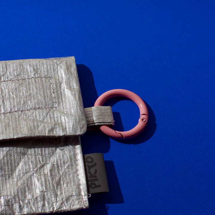 Pikto3000 - Wholesale Wallet - Women's - Small silver Tyvek pouch wallet with round carabiner - Pink2